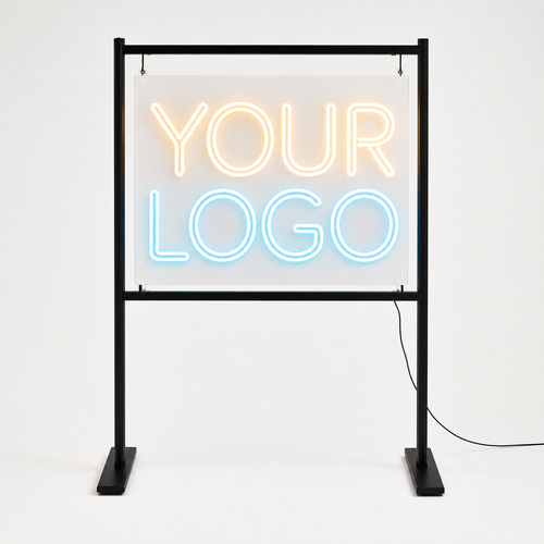 Custom LED neon sign product photo on clear acrylic with freestanding event display stand