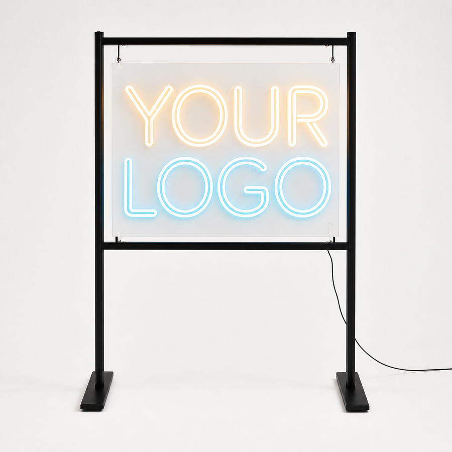 Custom LED neon sign product photo on clear acrylic with freestanding event display stand