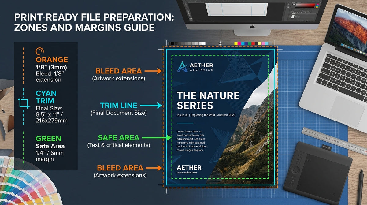 Print layout diagram showing trim line, bleed area, and safe area marked with dashed lines and labels