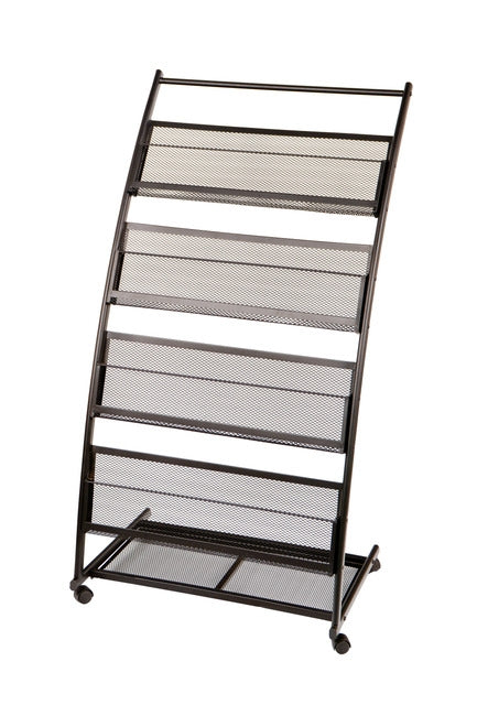Mobile literature rack with wire shelves