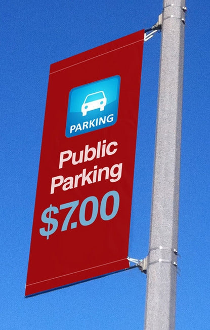 Street pole banner mounted on a light pole