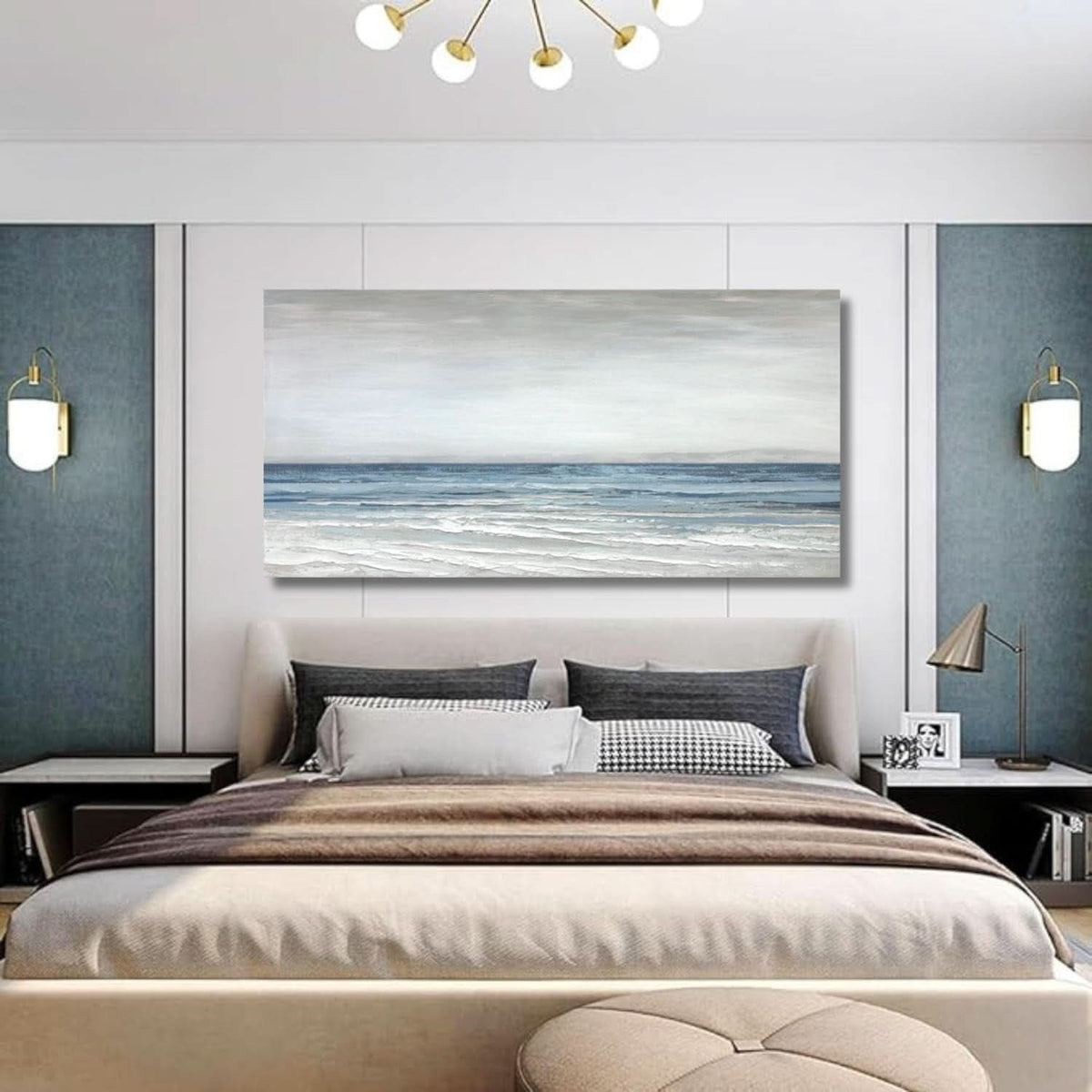 Textured Abstract Wall Art 20x40 Hand-Painted White Blue Canvas – image 7