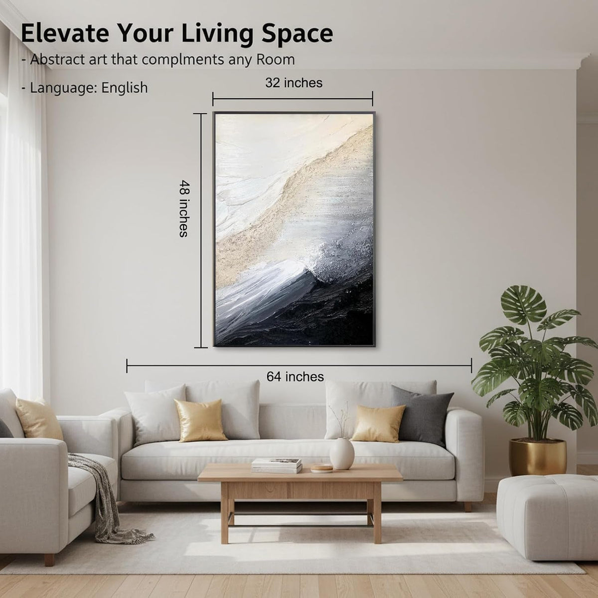 Black and White Coastal Wall Art 32x48 Hand-Painted Framed – image 4