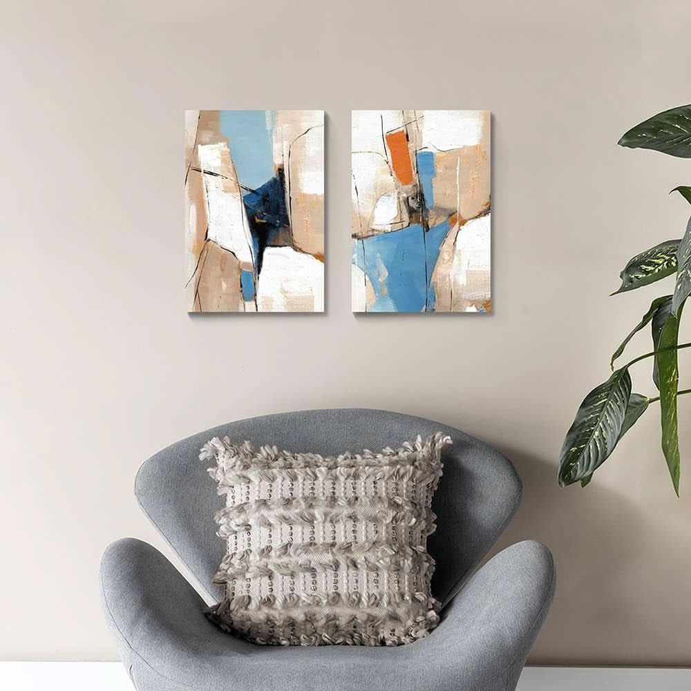 Khaki Expressionist Abstract Wall Art Set of 2 Blue Canvas – image 4