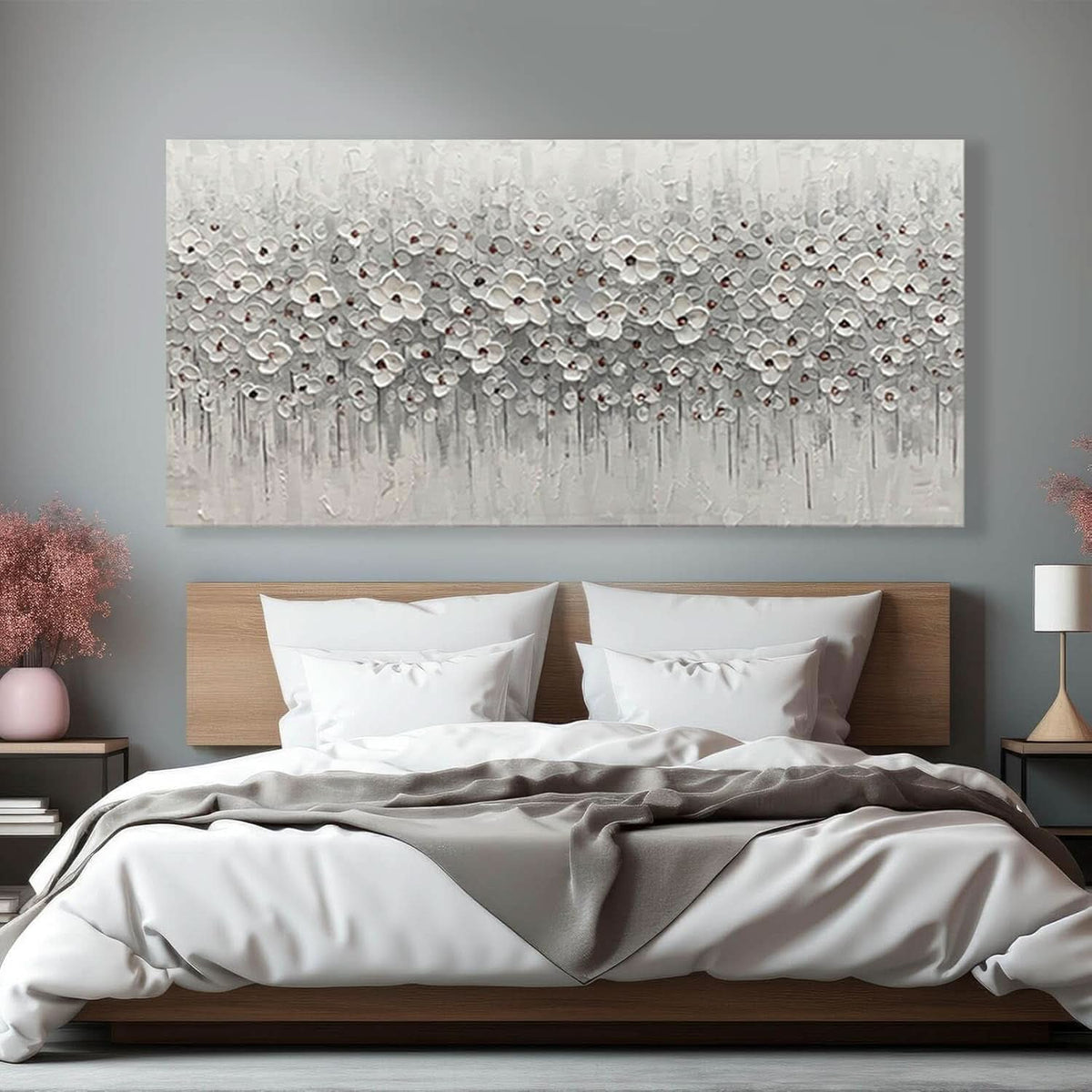 Flower Floral Wall Art 60x30 Hand-Painted Framed White Canvas – image 2