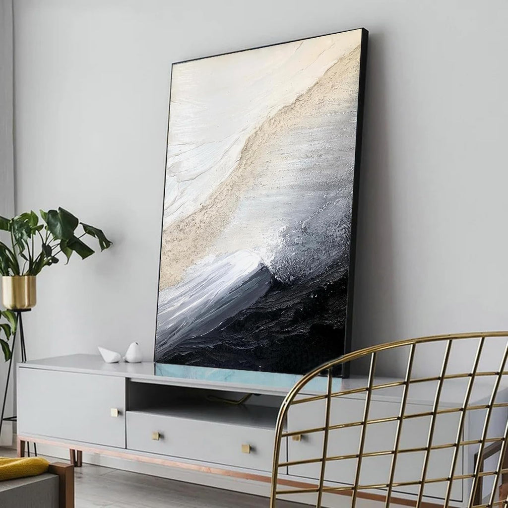 Black and White Coastal Wall Art 32x48 Hand-Painted Framed – image 7