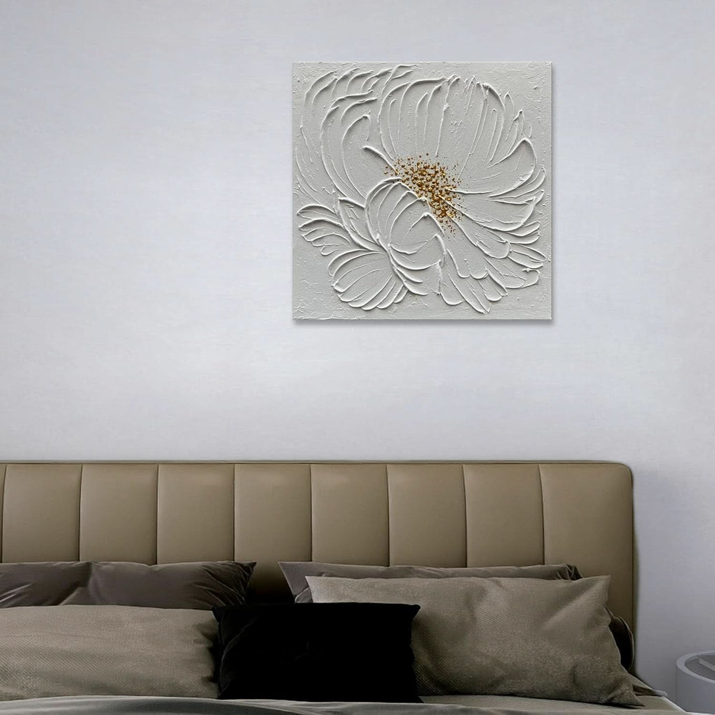Surface Textured Floral Wall Art 24x24 Hand-Painted White Ivory – image 6