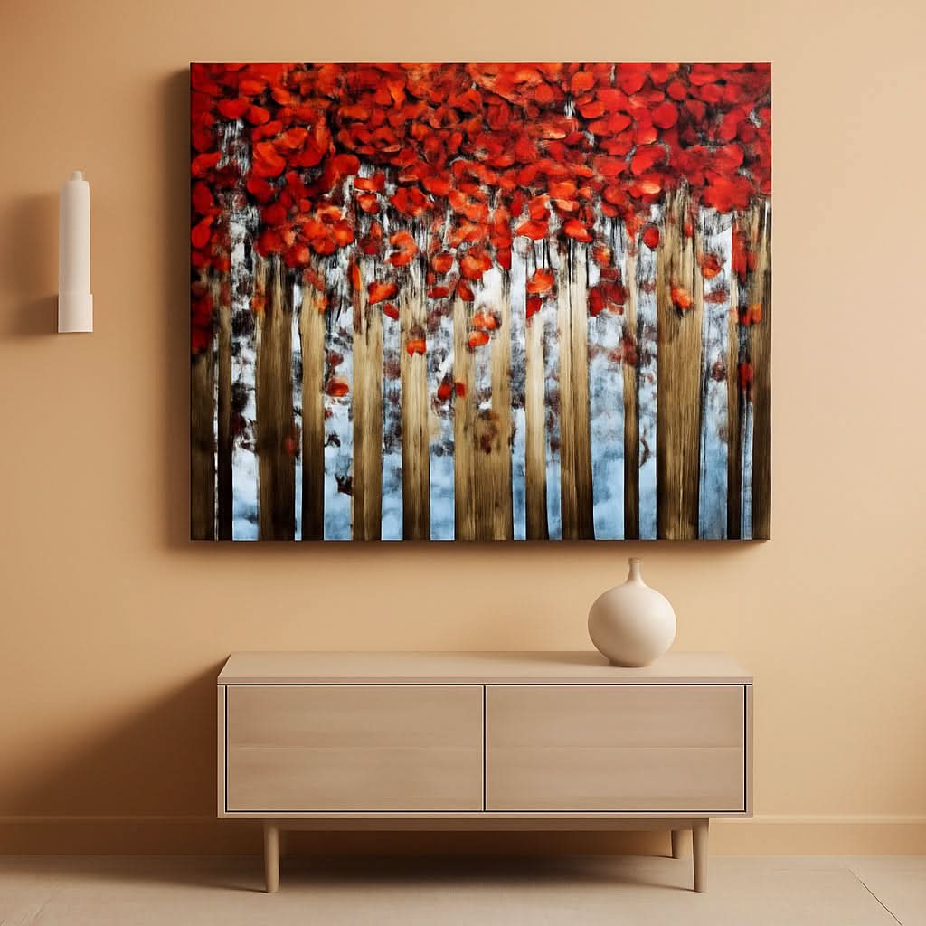 Birch Trees Landscape Wall Art 24x48 Hand-Painted Red Canvas – main view