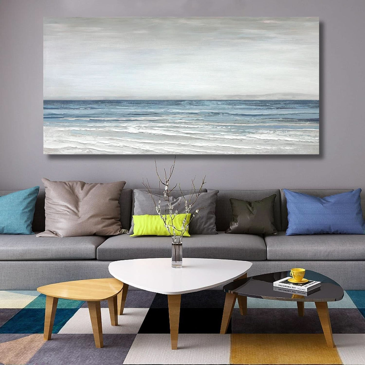 Seascape Textured Coastal Wall Art 28x57 Hand-Painted White Canvas – image 2