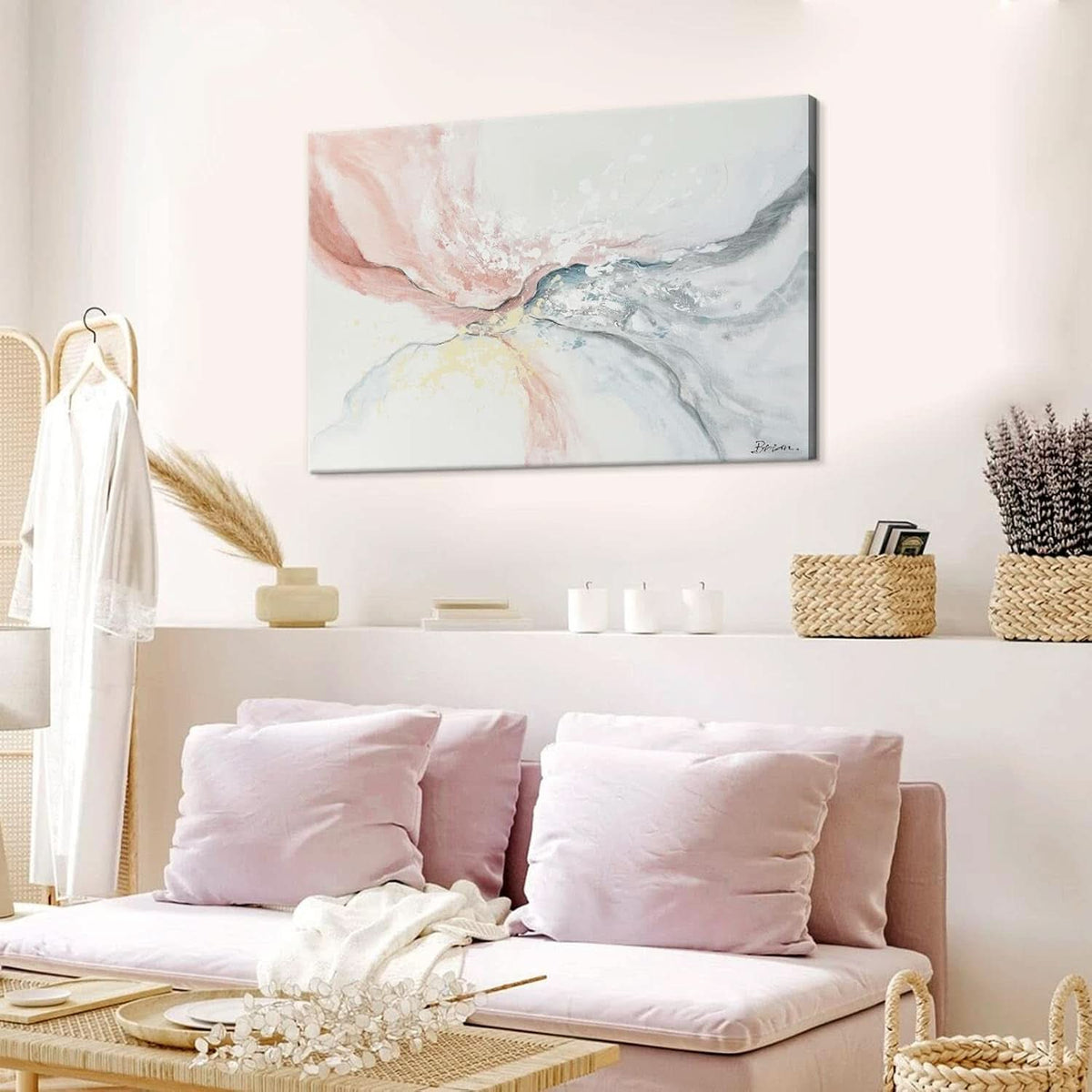 Abstract Wall Art 36x24 Hand-Painted Pink Canvas for Living Room – image 8