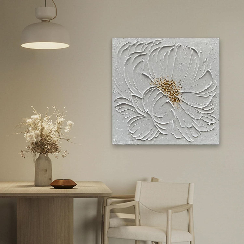 Surface Textured Floral Wall Art 24x24 Hand-Painted White Ivory – image 4