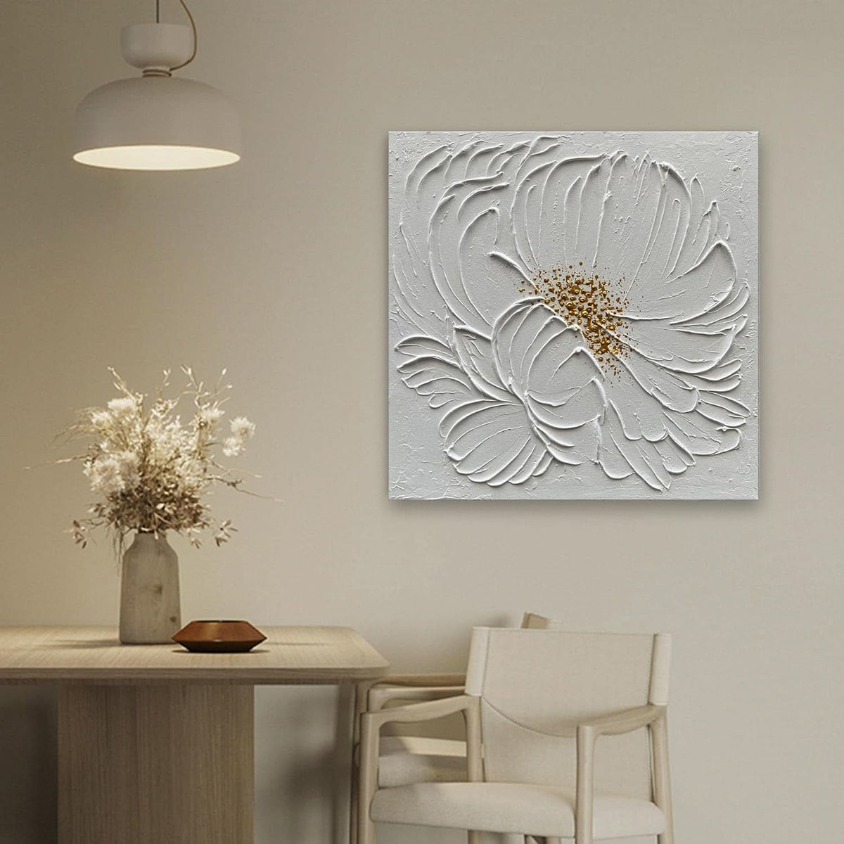 Surface Textured Floral Wall Art 24x24 Hand-Painted White Ivory – image 4