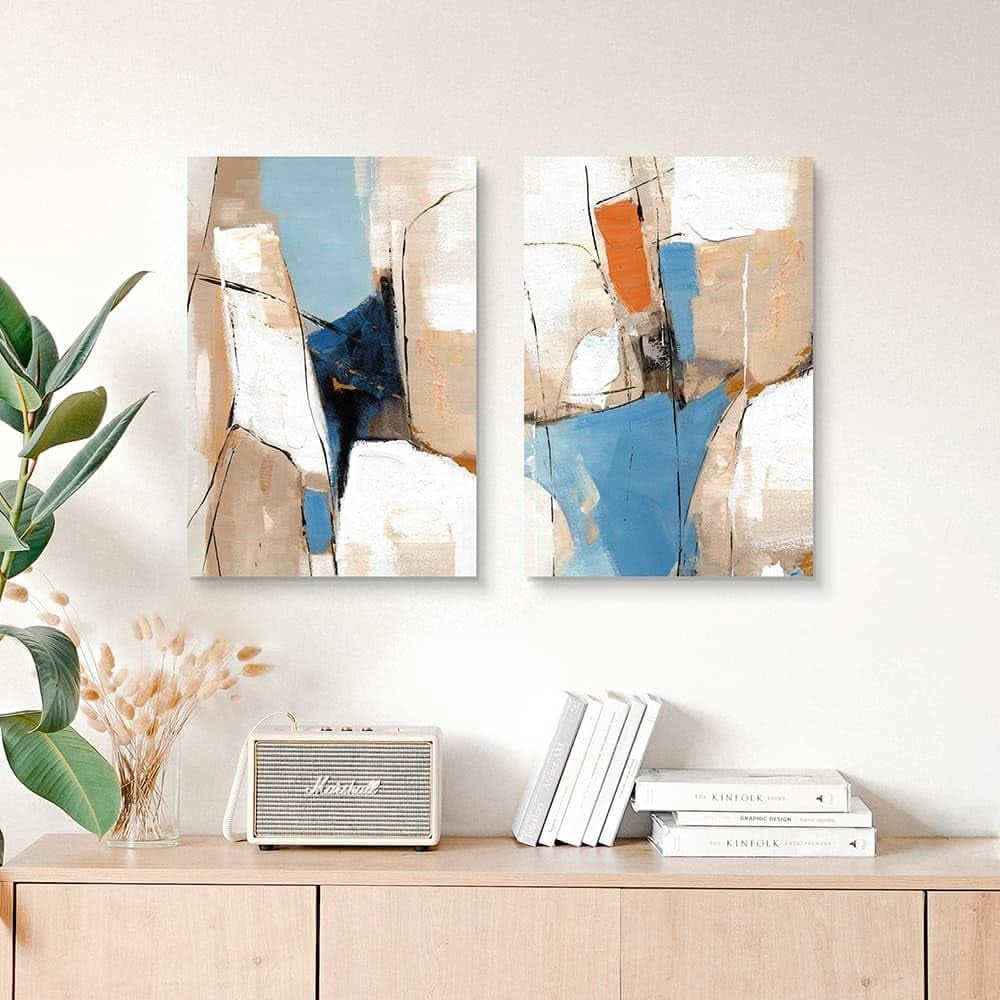 Khaki Expressionist Abstract Wall Art Set of 2 Blue Canvas – image 2