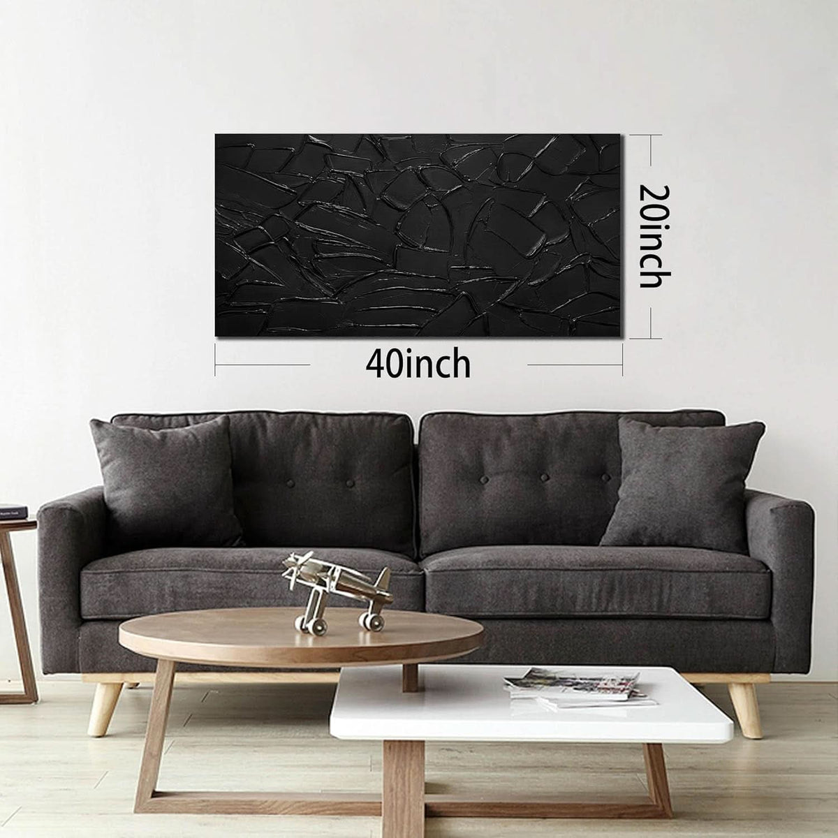 Textured Wall Art 40x20 Hand-Painted Black for Living Room – image 2