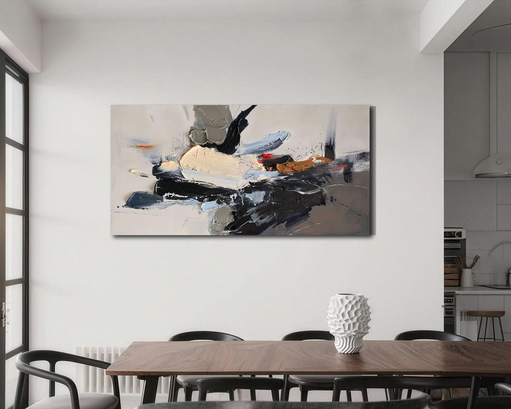 Textured Abstract Wall Art 58x29 Framed Black Beige Canvas – image 5