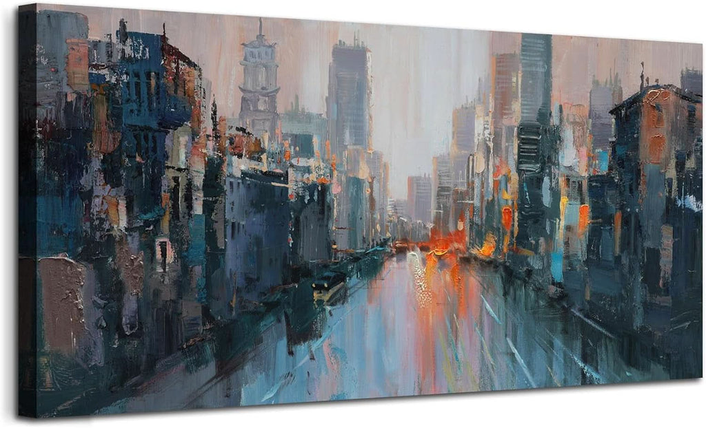 Textured Cityscape Wall Art 40x20 Hand-Painted for Living Room – main view