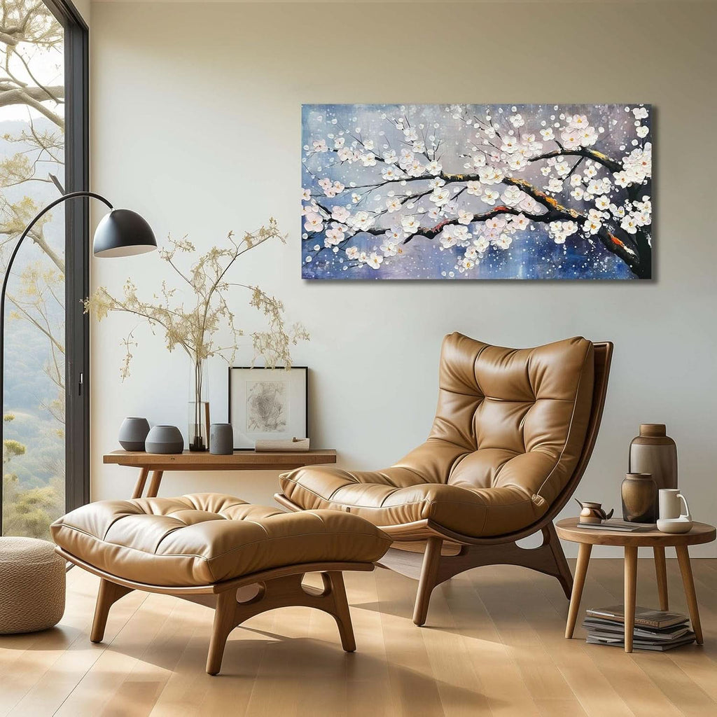 Plum Blossom Twent Floral Wall Art 40x20 Hand-Painted White Blue – image 7