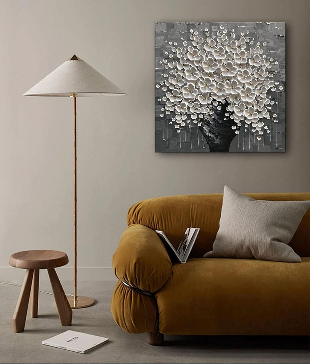 Flower 3D Floral Wall Art 24x24 Hand-Painted White Canvas – image 4