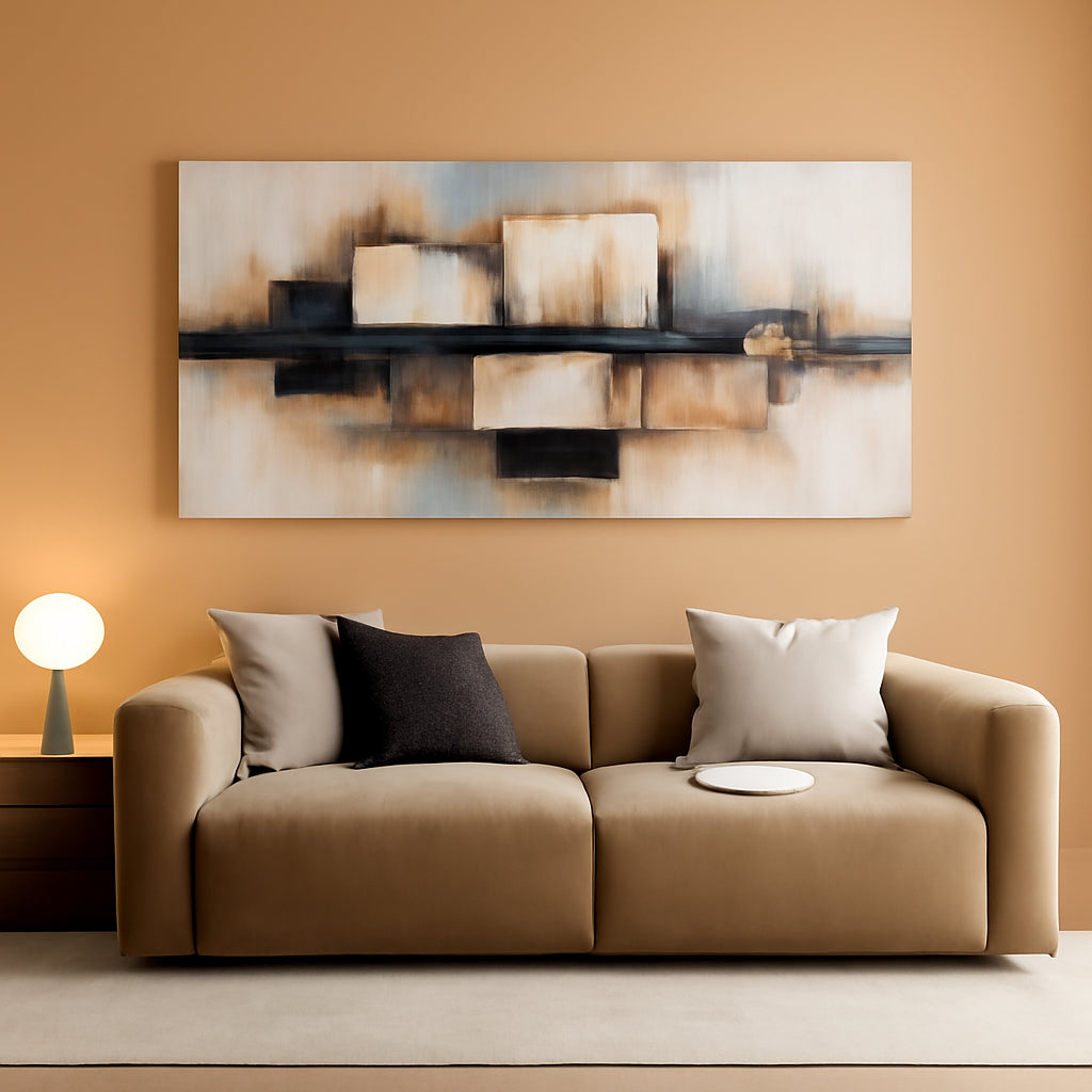 Geometric Abstract Wall Art 29x58 Beige Canvas for Living Room – main view