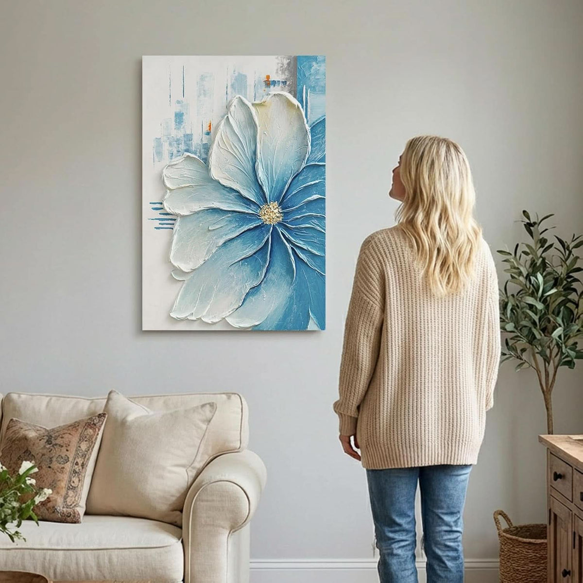 Layered Textured Floral Wall Art 24x36 Hand-Painted Blue Canvas – image 6