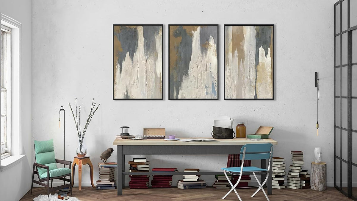 Expressionist Abstract Wall Art Set of 3 Beige Gray Canvas, 16x24 in – image 4
