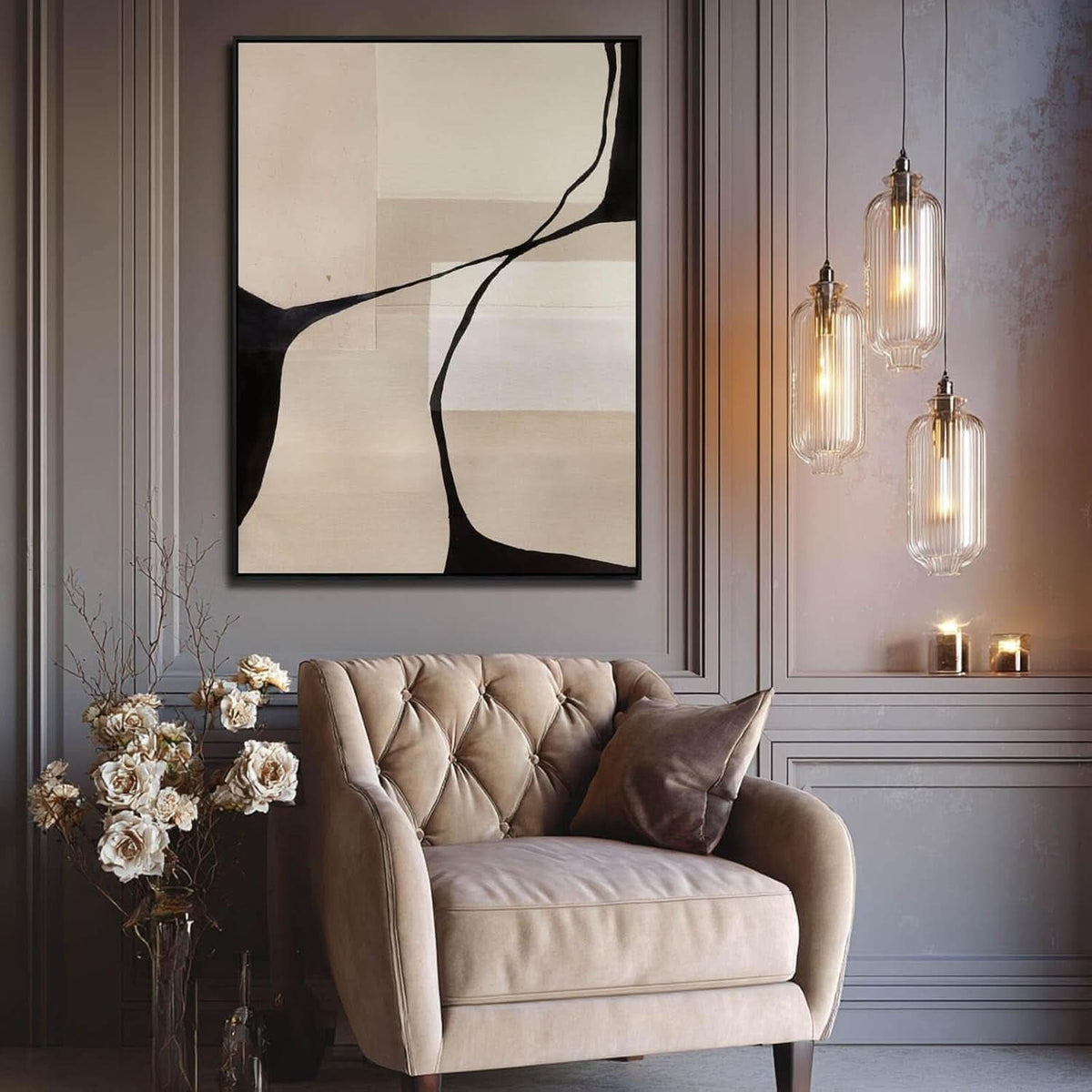Abstract Wall Art 36x48 Hand-Painted Black Beige Canvas – image 4