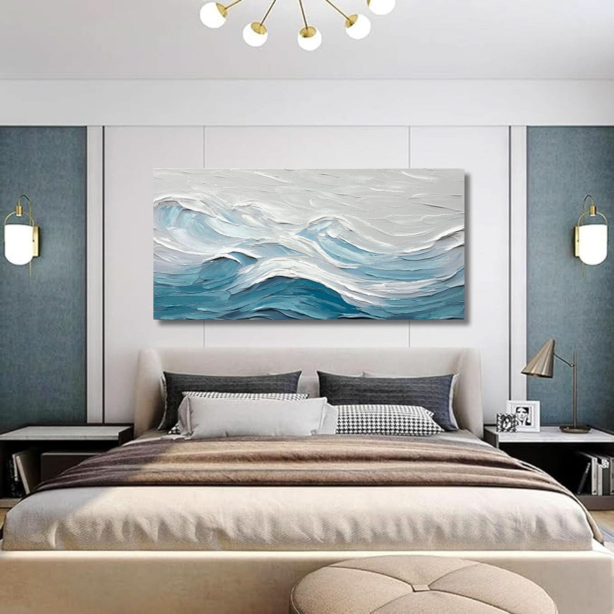 Ocean Abstract Coastal Wall Art 20x40 Hand-Painted White Blue Canvas – image 7