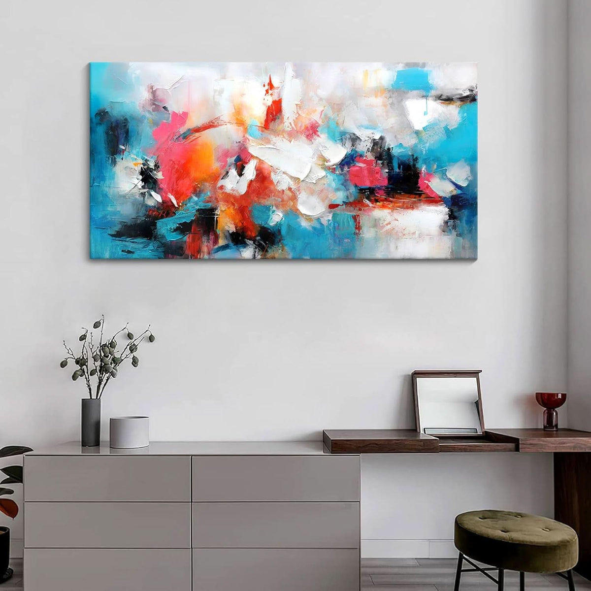 Abstract Wall Art 24x48 Hand-Painted Blue Pink Canvas – image 4