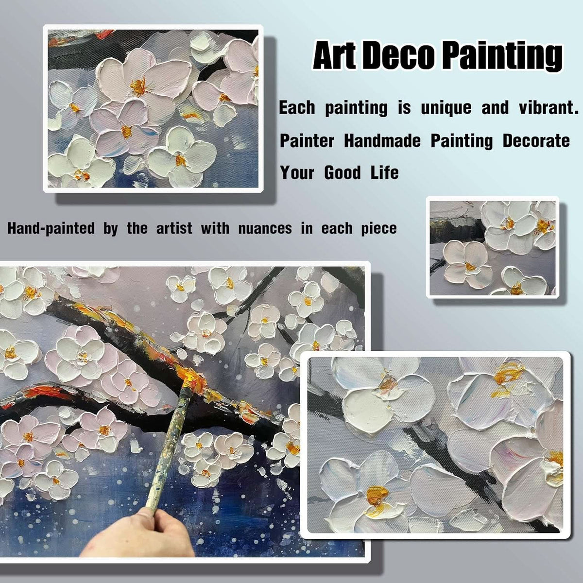 Plum Blossom Twent Floral Wall Art 40x20 Hand-Painted White Blue – image 2