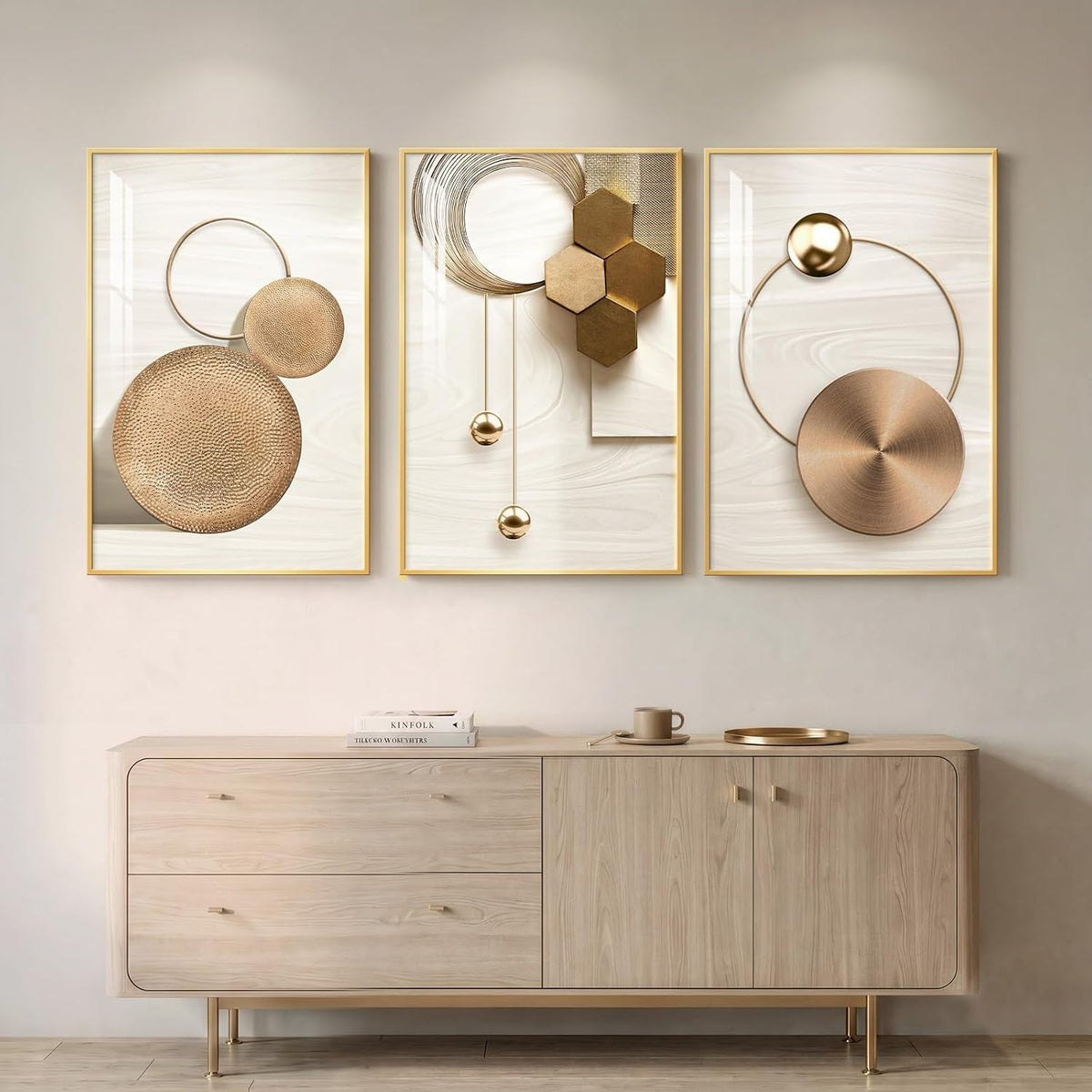 Modern Wall Art Set of 3 Framed Gold, 24x36 in for Living Room – image 3