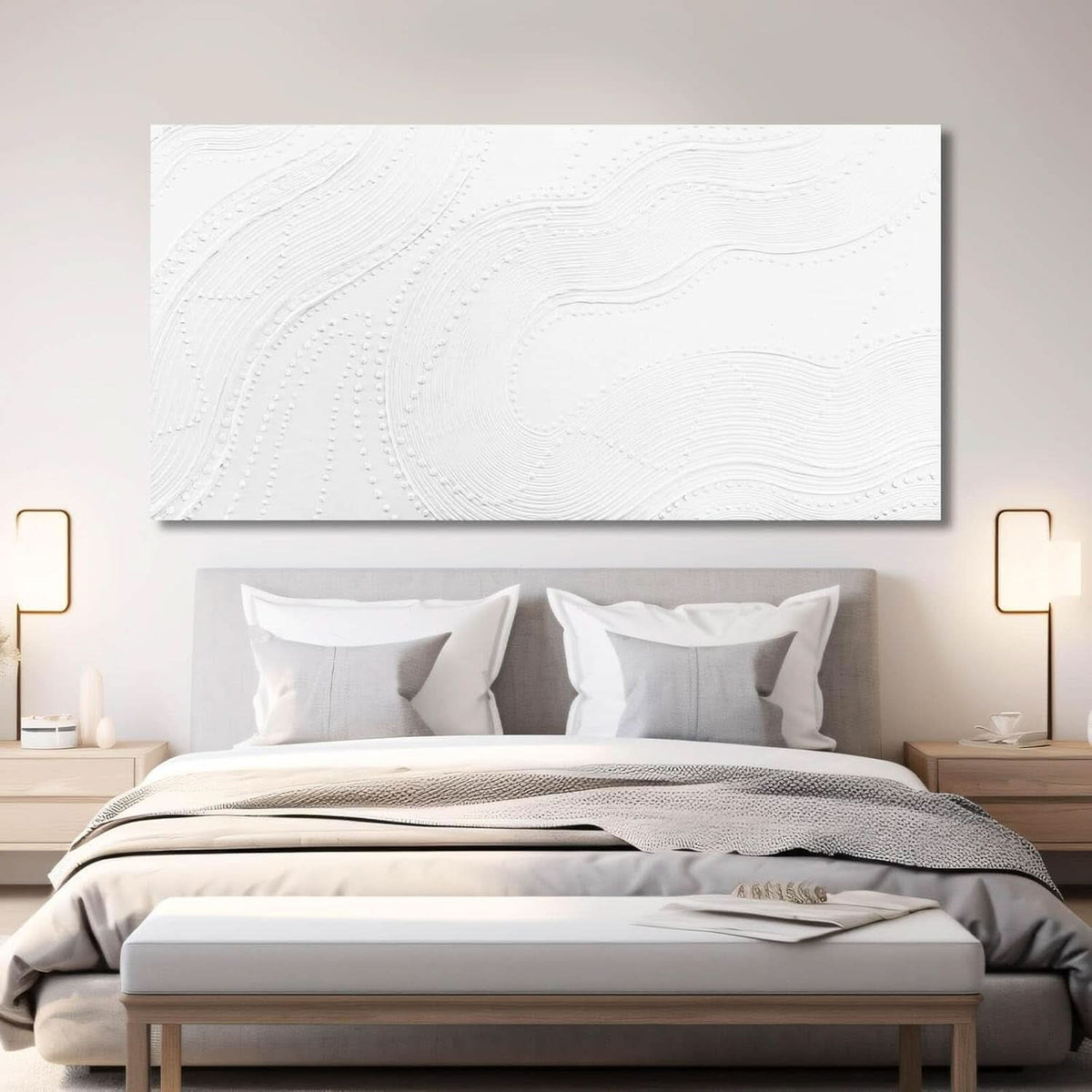 Geometric Abstract Wall Art 29x58 Hand-Painted White Canvas – image 3