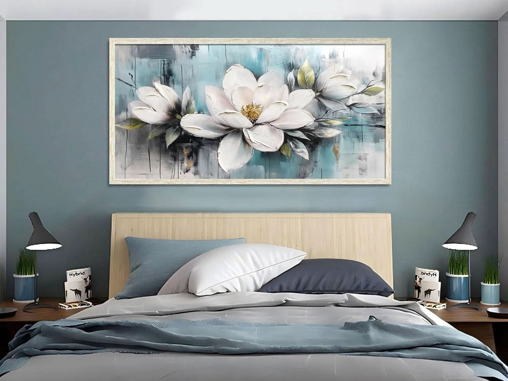 Magnolia Textured Floral Wall Art 40x20 Hand-Painted Framed Teal – image 5