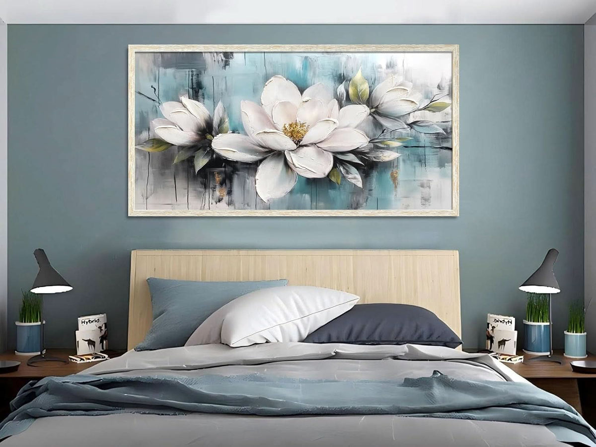 Magnolia Textured Floral Wall Art 40x20 Hand-Painted Framed Teal – image 5