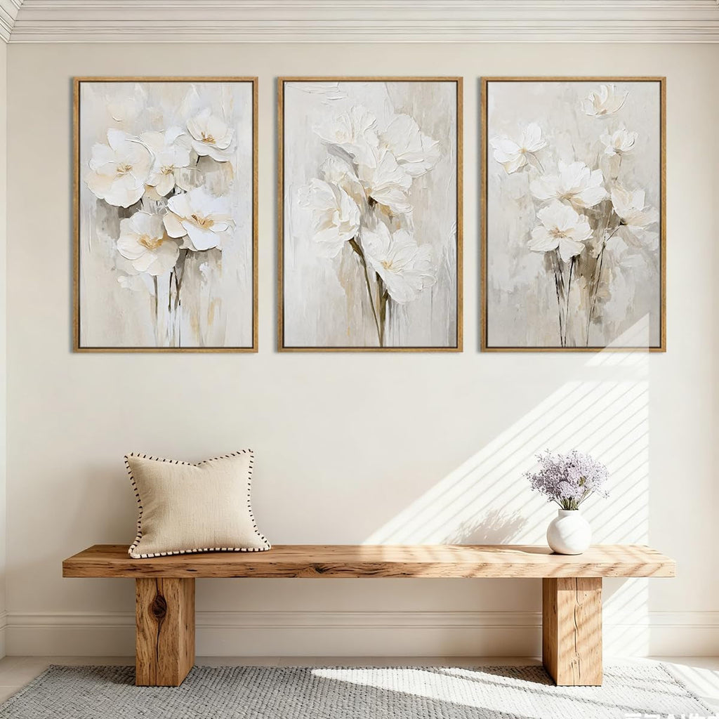Floral Wall Art 24x36 Framed Beige Canvas for Living Room – image 2