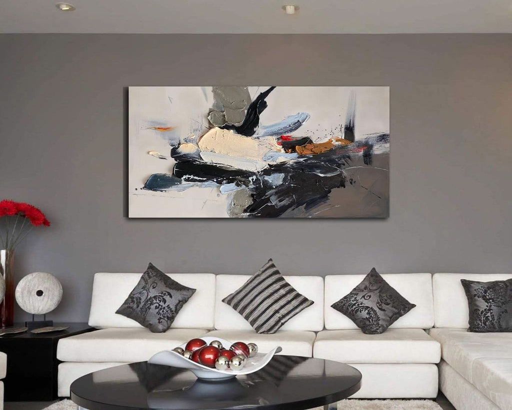 Textured Abstract Wall Art 58x29 Framed Black Beige Canvas – image 4