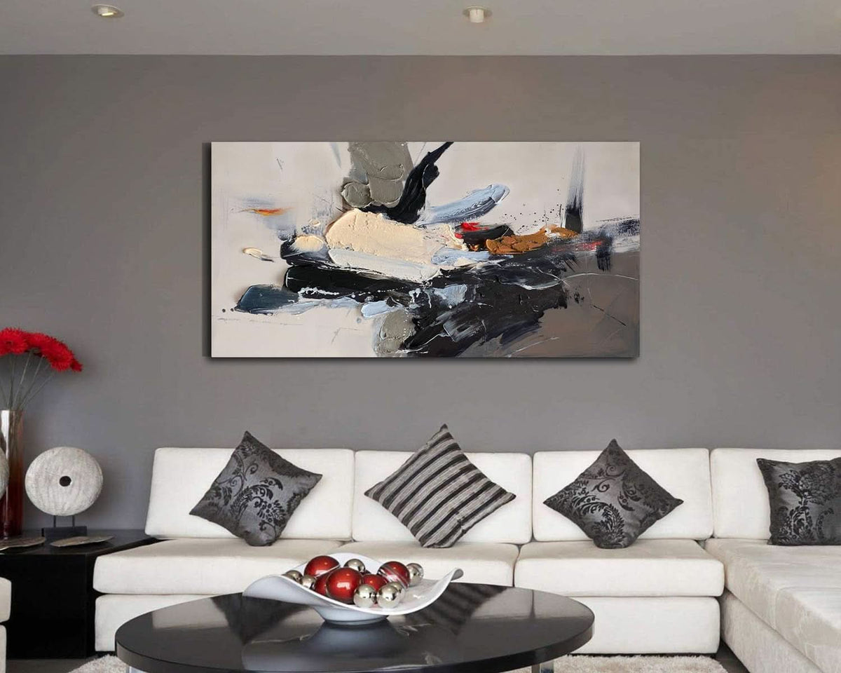 Textured Abstract Wall Art 58x29 Framed Black Beige Canvas – image 4