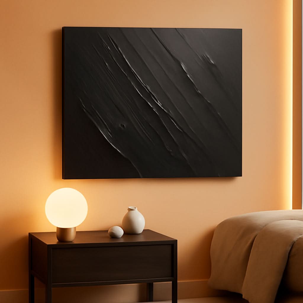 Raised Textured Abstract Wall Art 20x40 Black Canvas – main view