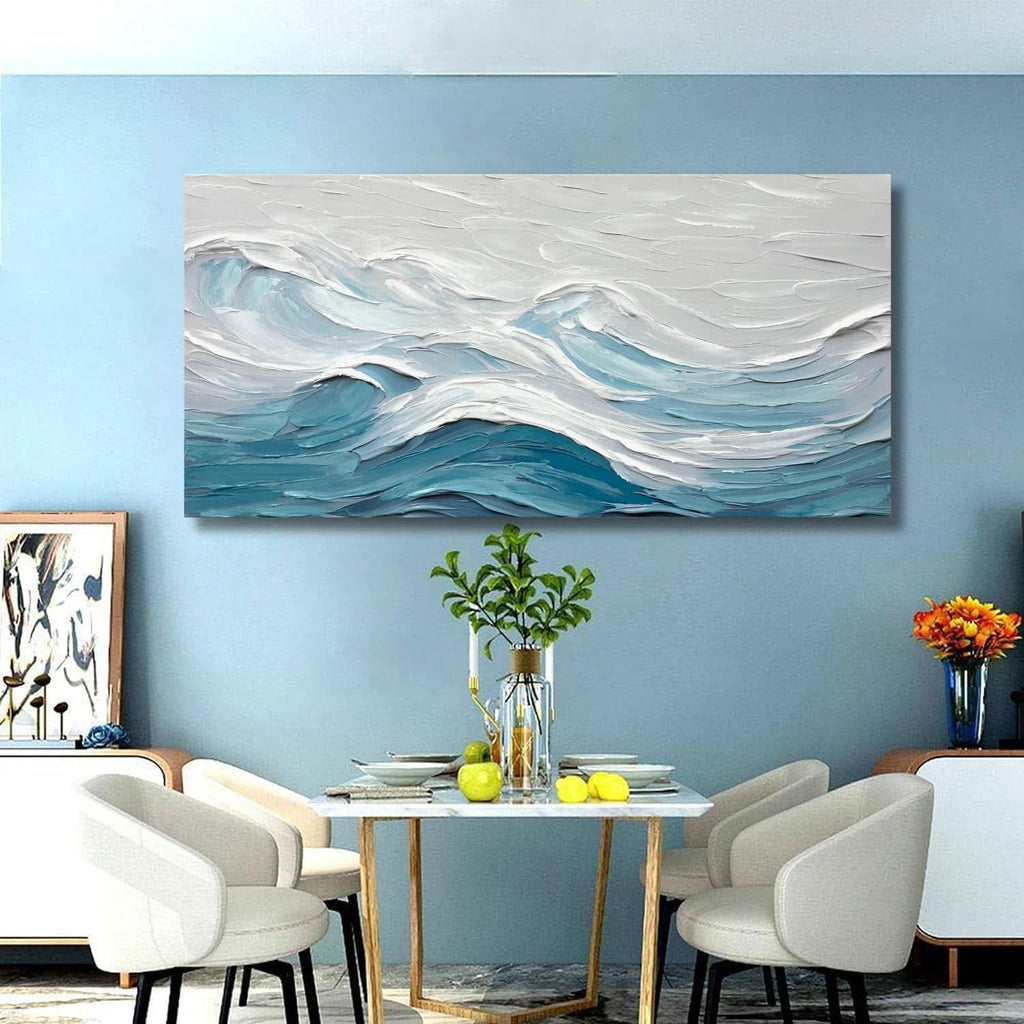 Abstract Wall Art 28x57 Hand-Painted White Blue Canvas – image 7