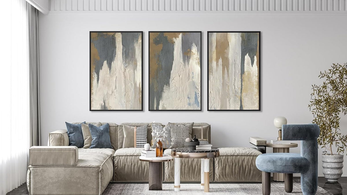 Expressionist Abstract Wall Art Set of 3 Beige Gray Canvas, 16x24 in – image 2