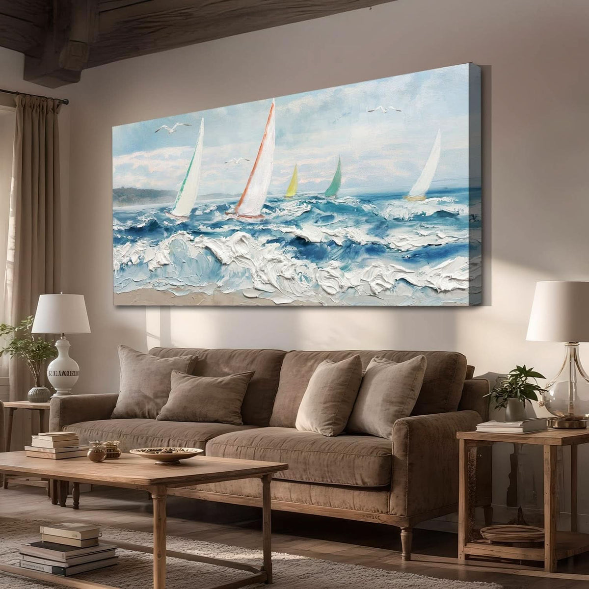 Ocean Wave Textured Coastal Wall Art 40x20 Blue Canvas – image 2