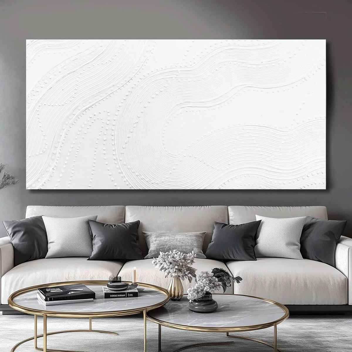 Geometric Abstract Wall Art 29x58 Hand-Painted White Canvas – image 2