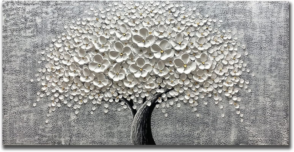 Flower 3D Floral Wall Art 24x48 Hand-Painted White Canvas – main view