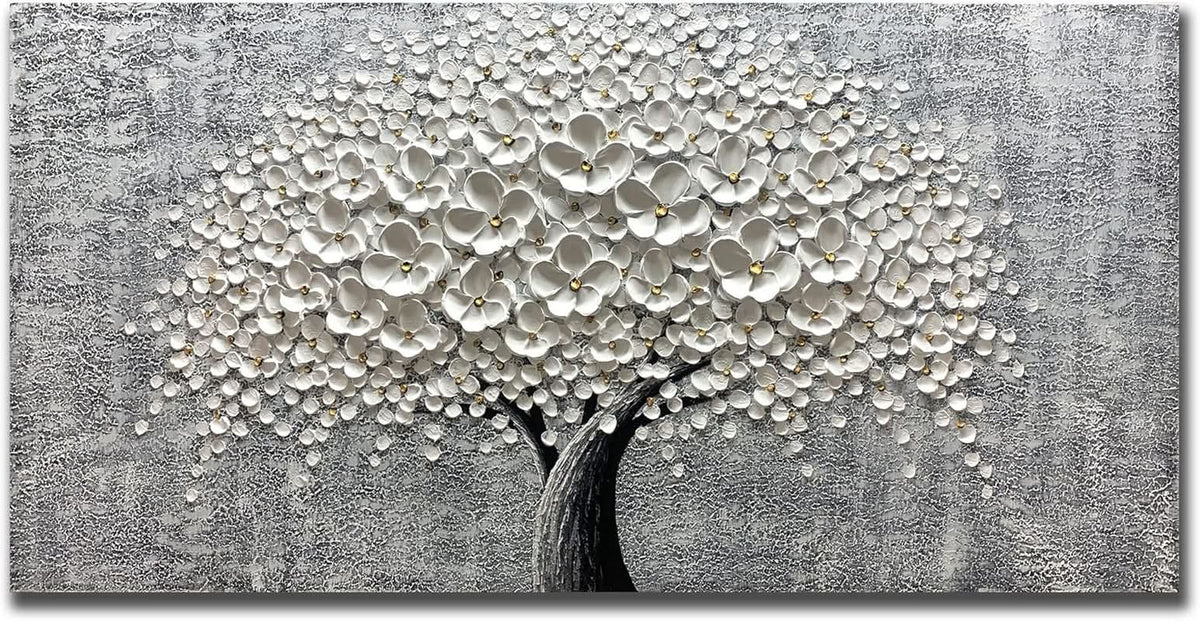 Flower 3D Floral Wall Art 24x48 Hand-Painted White Canvas – main view