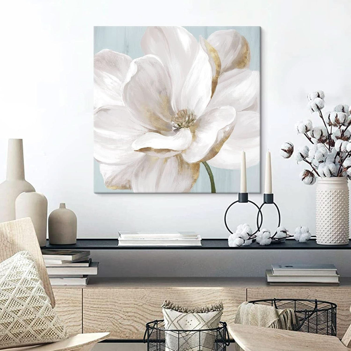 Magnolia Floral Wall Art 24x24 White Canvas for Living Room – image 2