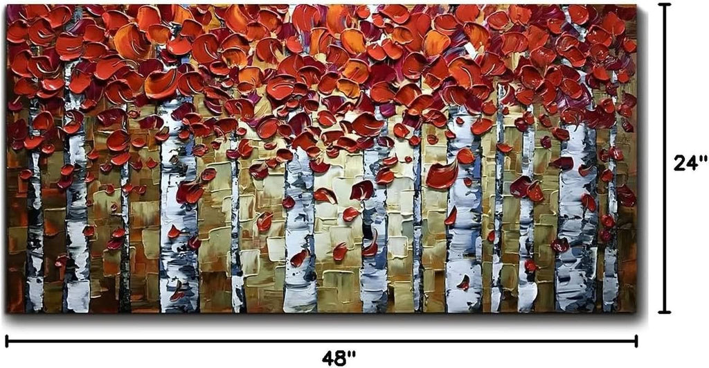 Birch Trees Landscape Wall Art 24x48 Hand-Painted Red Canvas – image 8