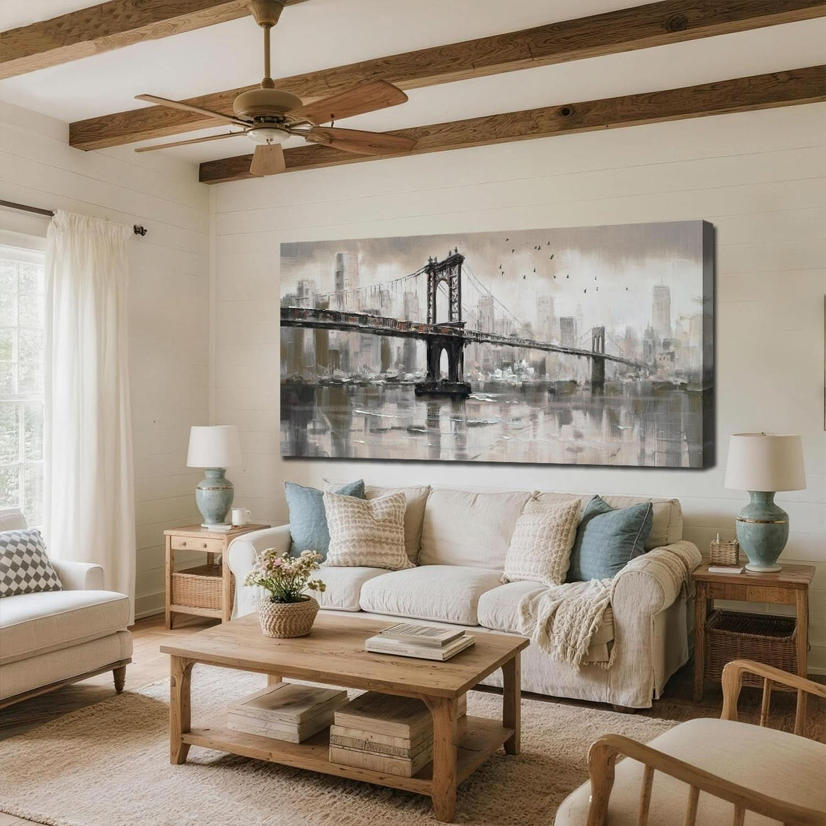 Brooklyn Bridge Cityscape Wall Art 40x20 Hand-Painted Colorful Canvas – image 4
