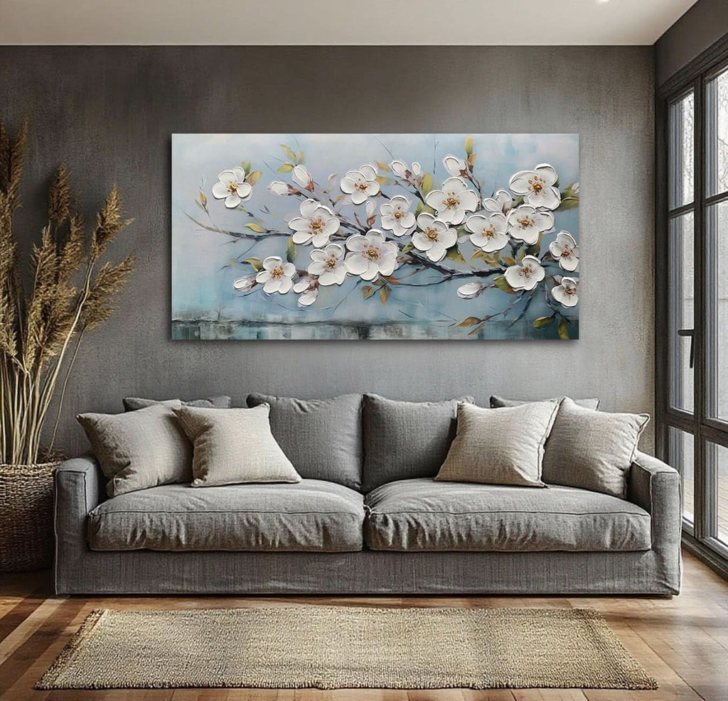 Textured Floral Wall Art 40x20 Hand-Painted White for Living Room – image 4