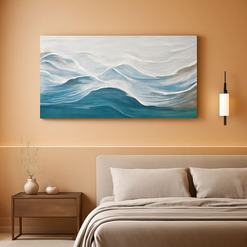 Ocean Abstract Coastal Wall Art 20x40 Hand-Painted White Blue Canvas – main view