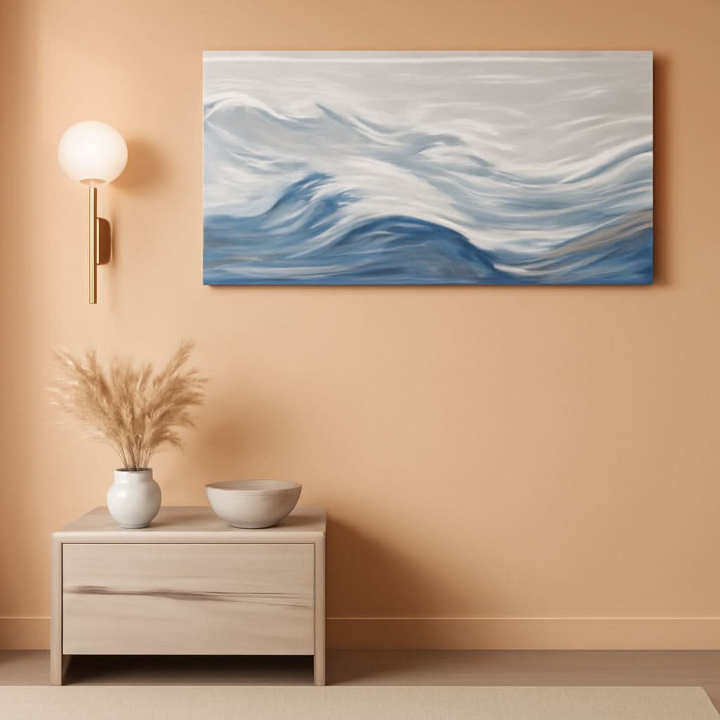 Abstract Wall Art 28x57 Hand-Painted White Blue Canvas – main view