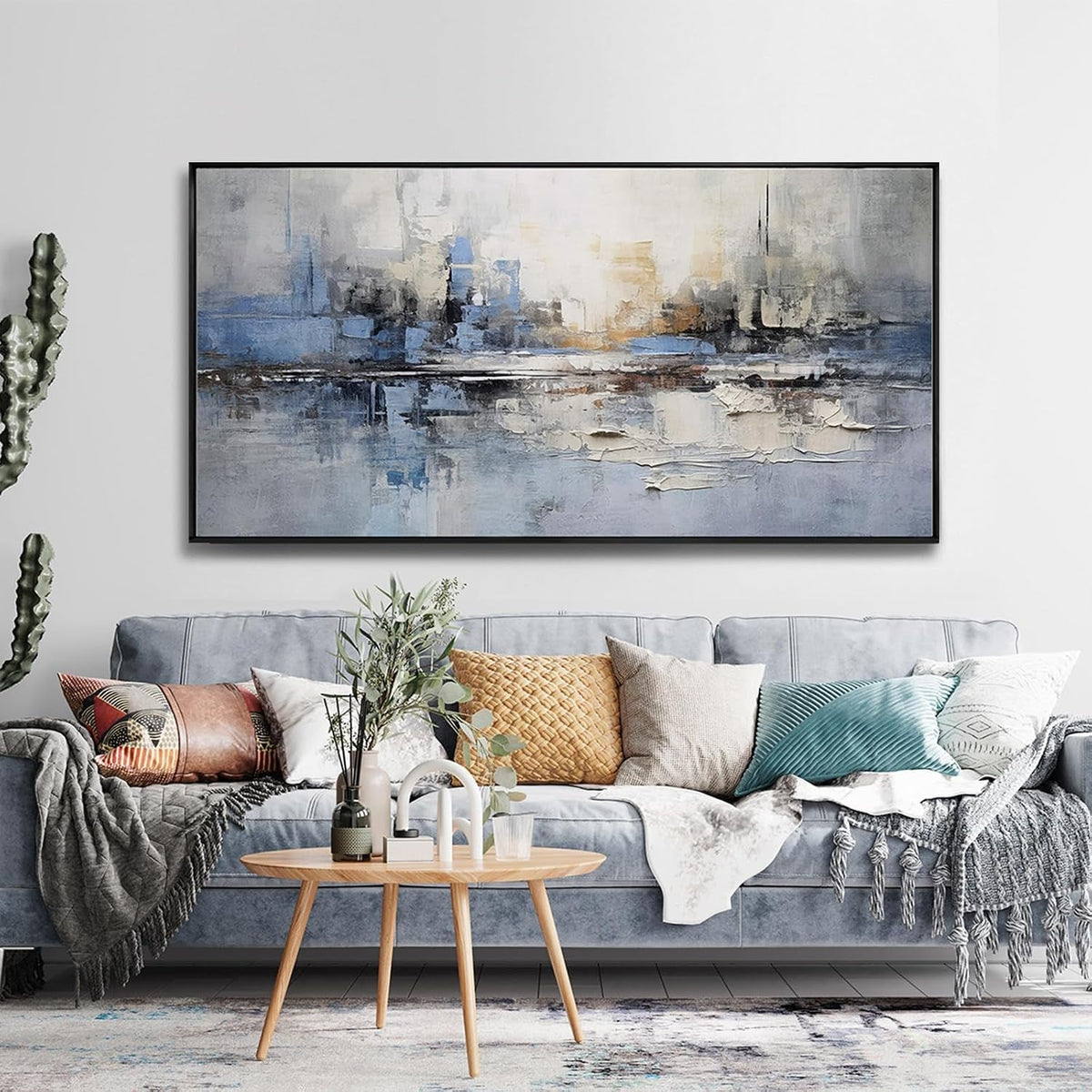 Standard Abstract Wall Art 20x40 Framed Blue Gray Canvas – image 2